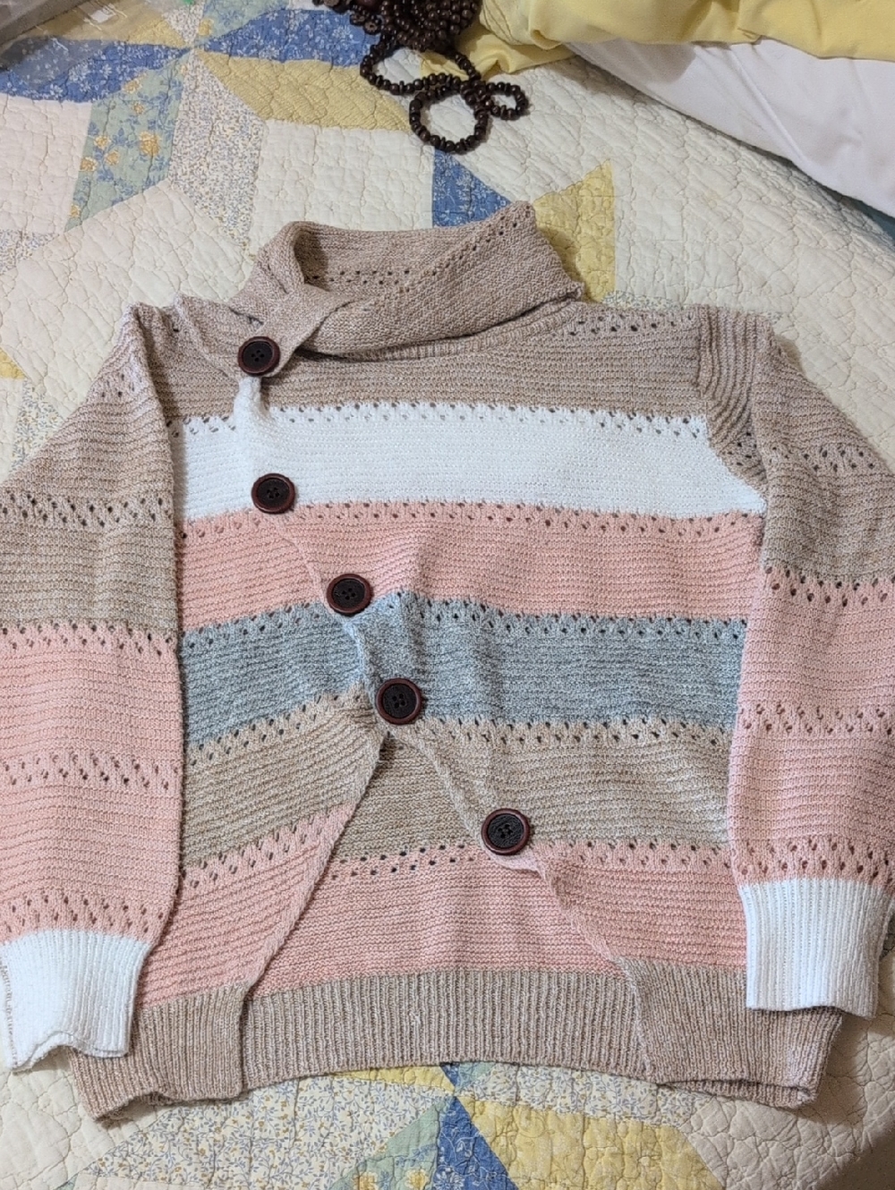 Cozy Striped Button-Front Women's Sweater - Pink & Cream